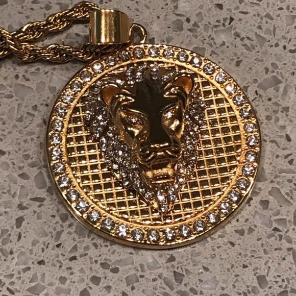30” Gold Chain w/ 2’ “Silver Dollar Size” Lion Med - Picture 3 of 6